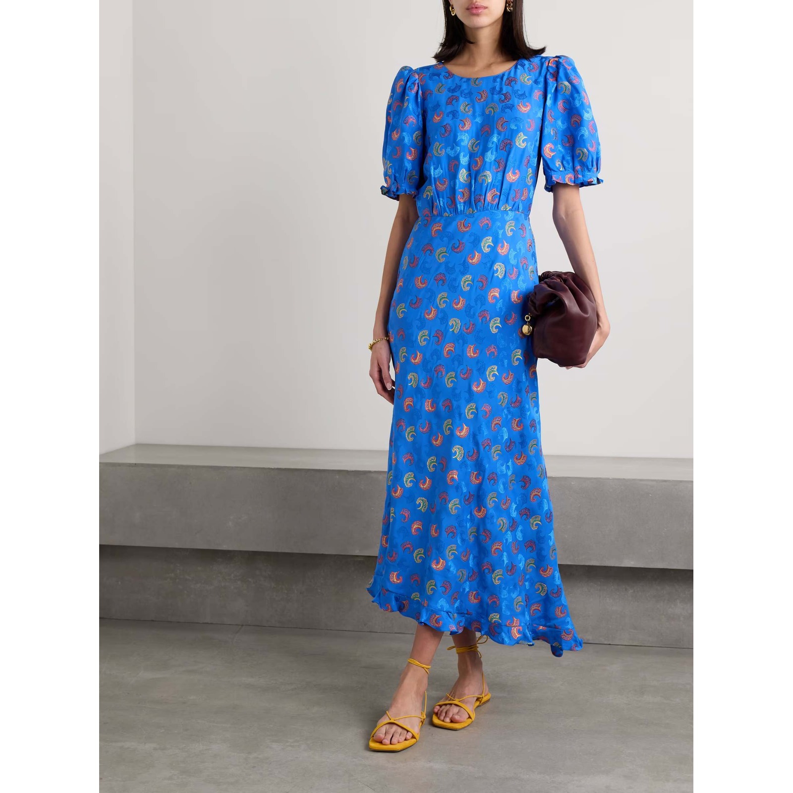 Saloni Vida Silk Satin Floral Jacquard Midi Dress Puff Sleeve Cobalt Blue
